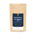 Morning Victory French Roast coffee in a kraft bag with a navy and gold label, 12 oz, coarse ground.