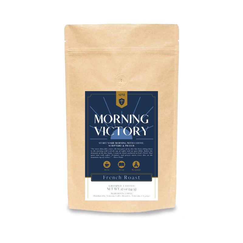 Morning Victory French Roast coffee in a kraft bag with a navy and gold label, 12 oz, coarse ground.