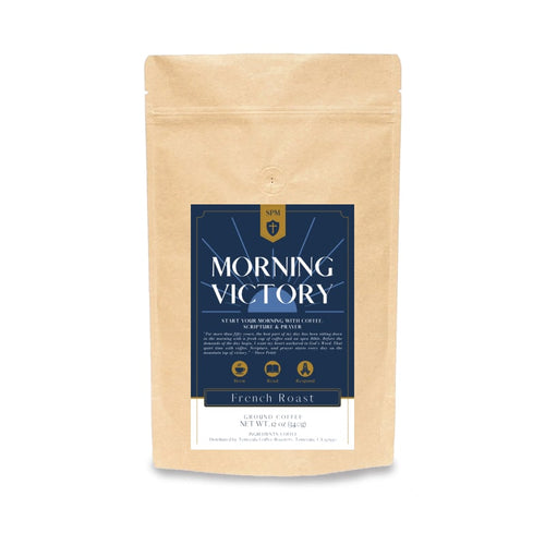 Morning Victory French Roast coffee in a kraft bag with a navy and gold label, 12 oz, coarse ground.