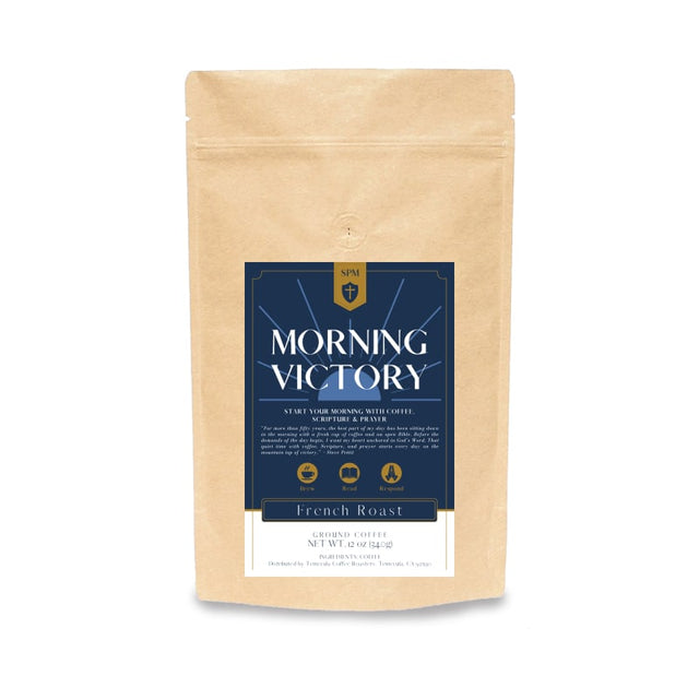 Morning Victory French Roast coffee in a kraft bag with a navy and gold label, 12 oz, coarse ground.