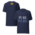 Front and back of the navy Pure Word T-Shirt, with white and pale blue PURE. WORD. lettering and a small gold Morning Victory mark.
